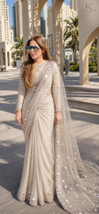 Soft ivory/champagne colour • Mirror-work embellishment • Hand-finished detailing • Embellished statement border • Scattered reflective accents • Full-sleeve coordinated blouse • Custom-made to measurements