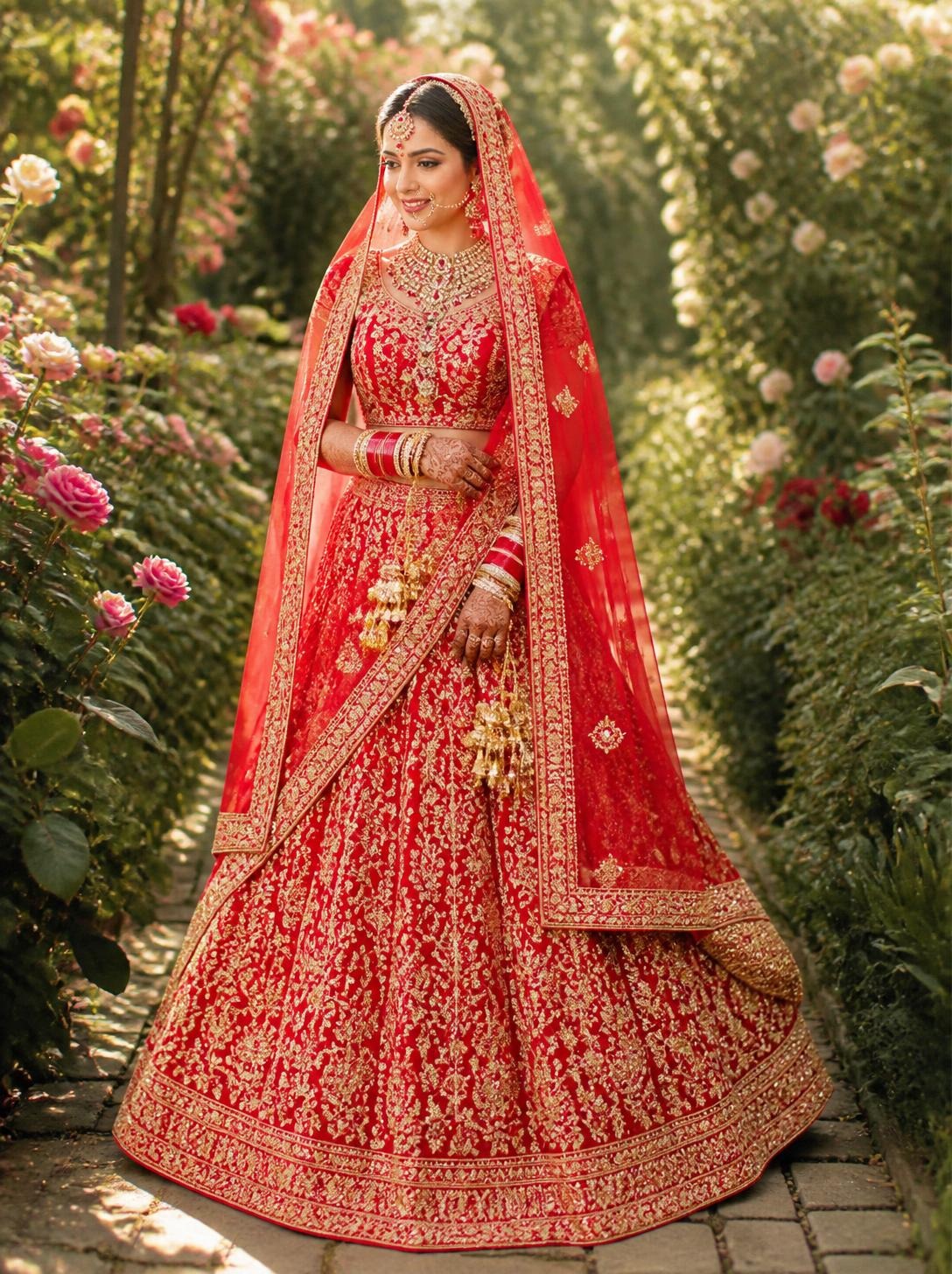 Smiling bride in a red and gold embroidered lehenga with a sheer red dupatta in a rose garden