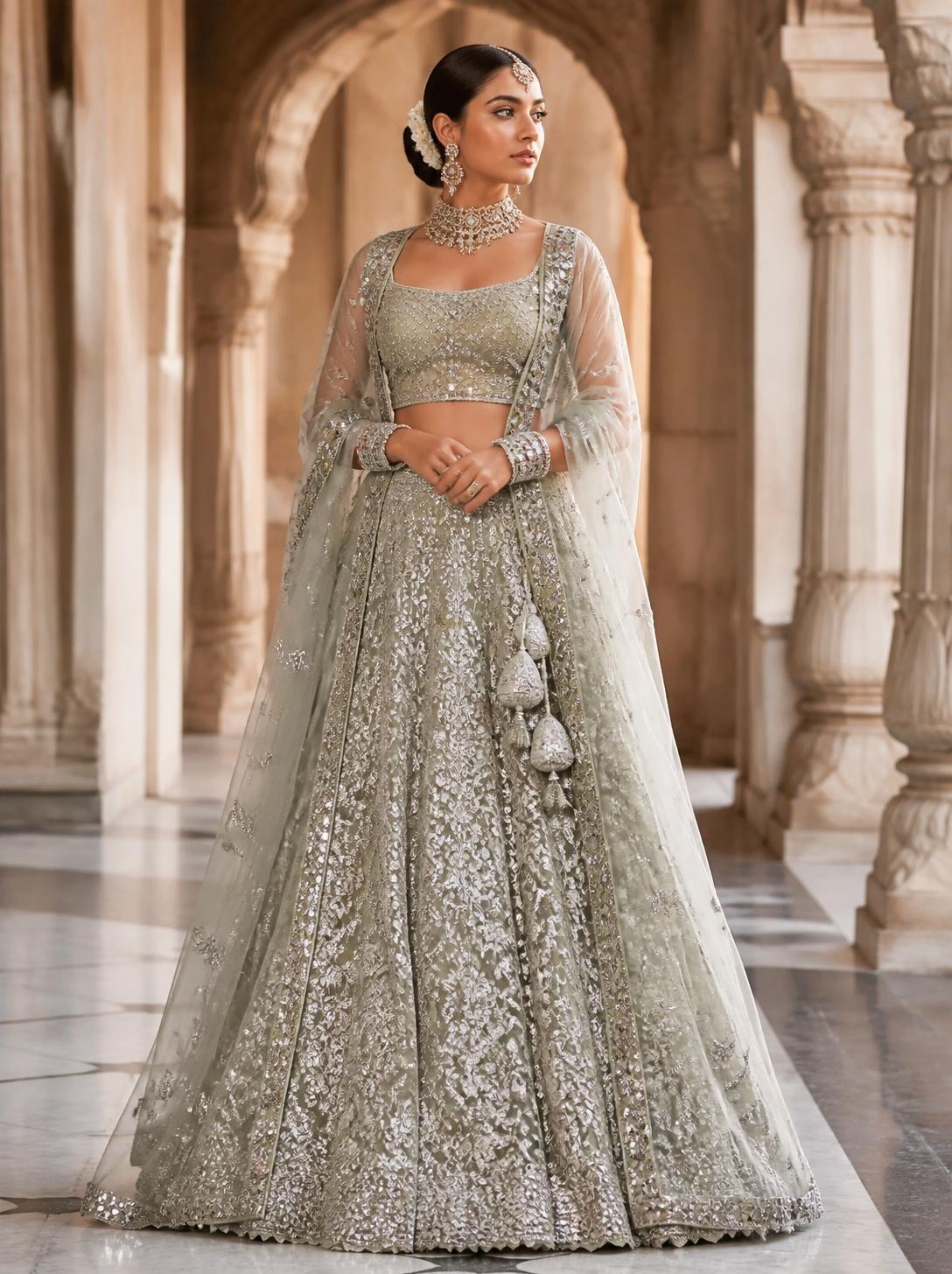 Bride in a sage-green and silver embroidered lehenga with a long jacket and sheer dupatta in a marble colonnade