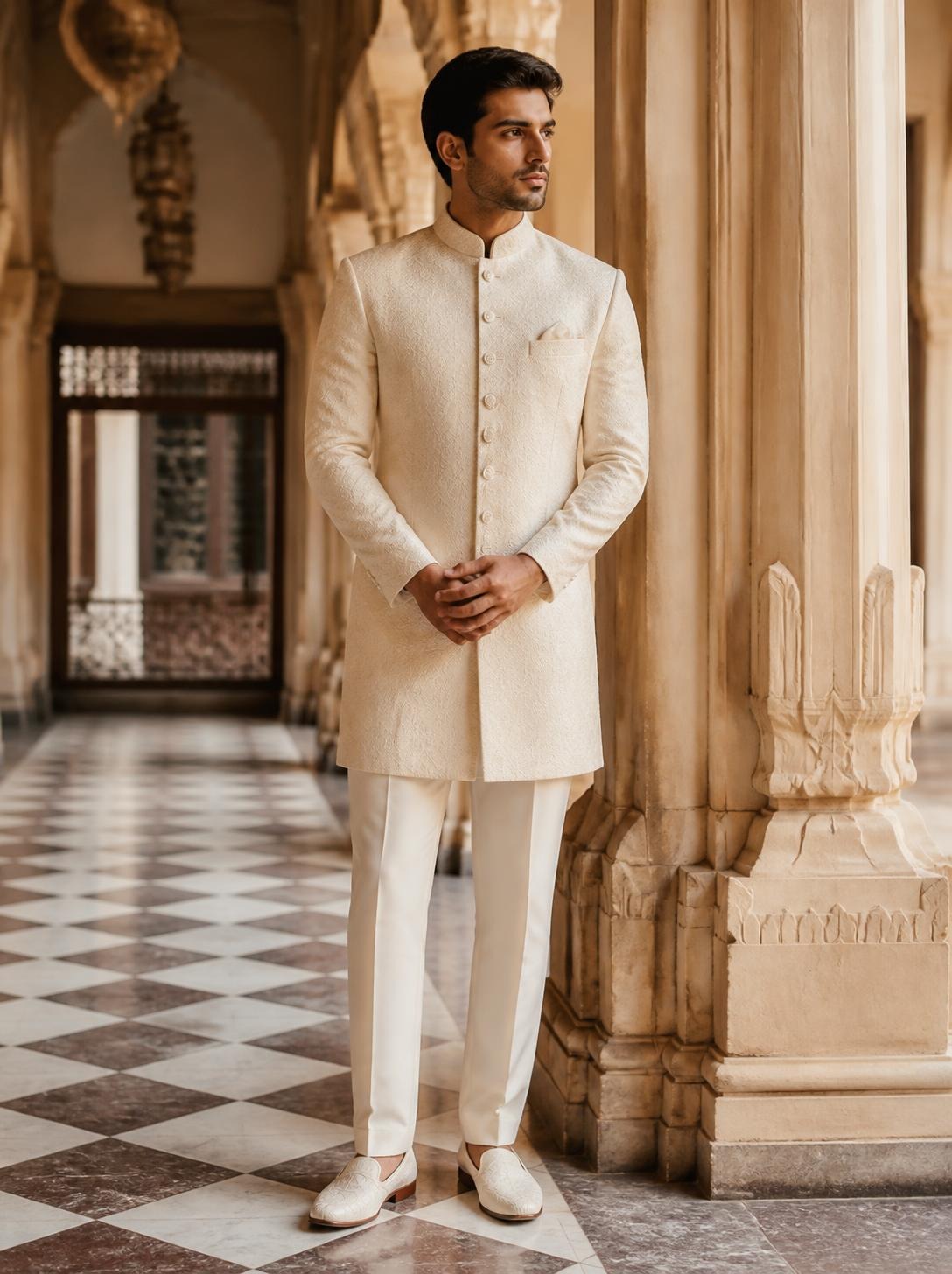 Man in an ivory textured bandhgala with ivory trousers and loafers in a marble colonnade