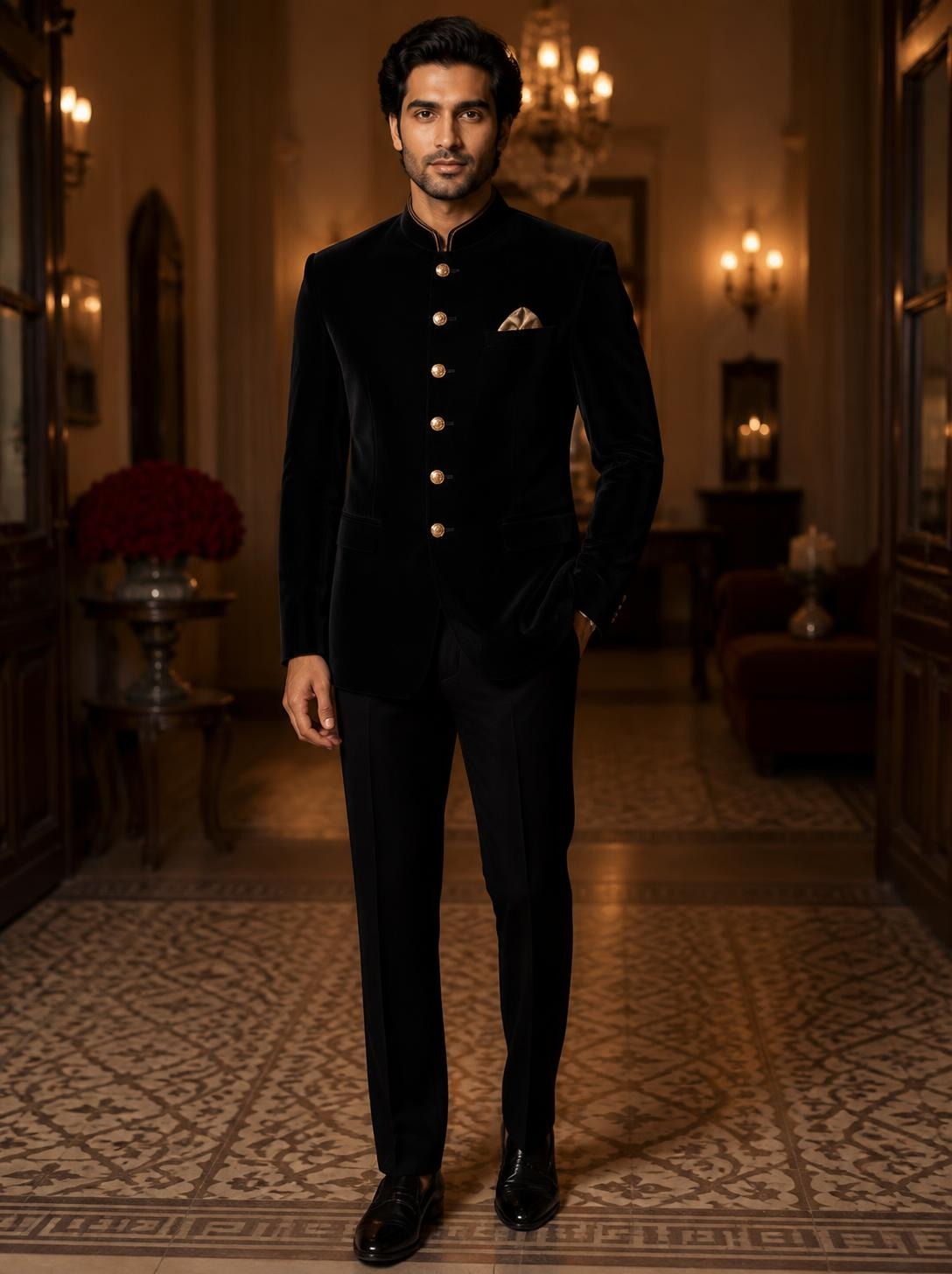 Man in a black velvet bandhgala jacket with gold buttons and black trousers in a lamp-lit hall