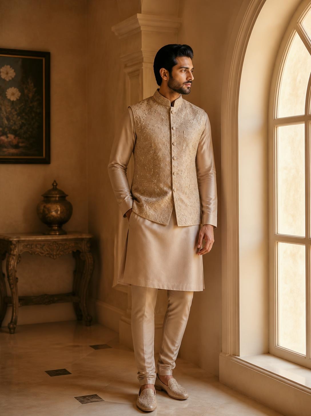 Man in a champagne embroidered Nehru jacket over a matching kurta and churidar beside an arched window