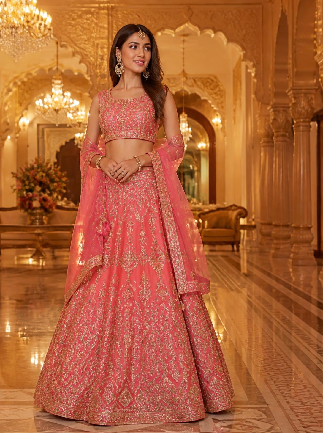Woman in a coral-pink embroidered lehenga with a sleeveless blouse and net dupatta in a gilded hall