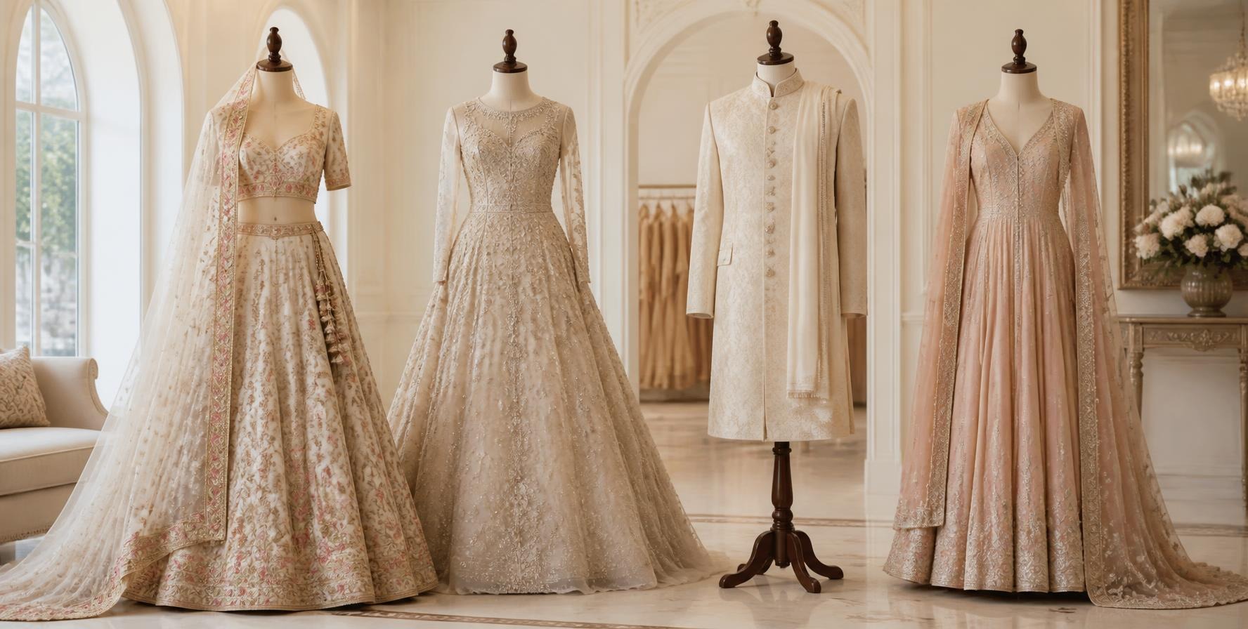 Bridal, evening and groom couture outfits on dress forms in the Farzeen Couture showroom