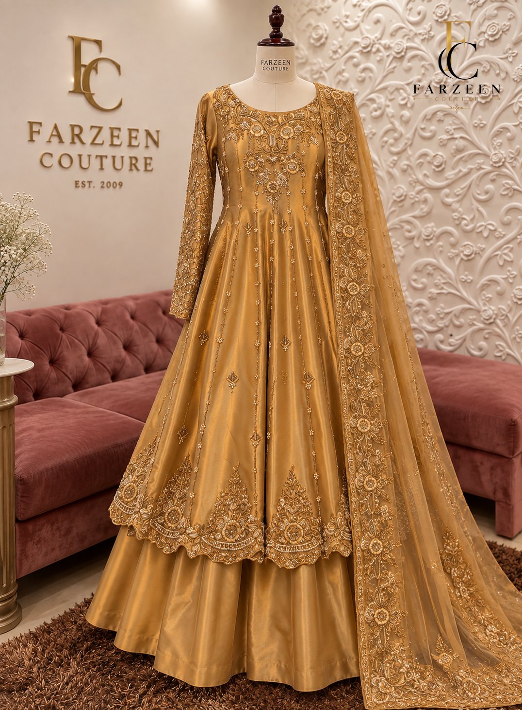 Antique-gold anarkali over a matching lehenga with an embroidered net dupatta at the Farzeen Couture atelier