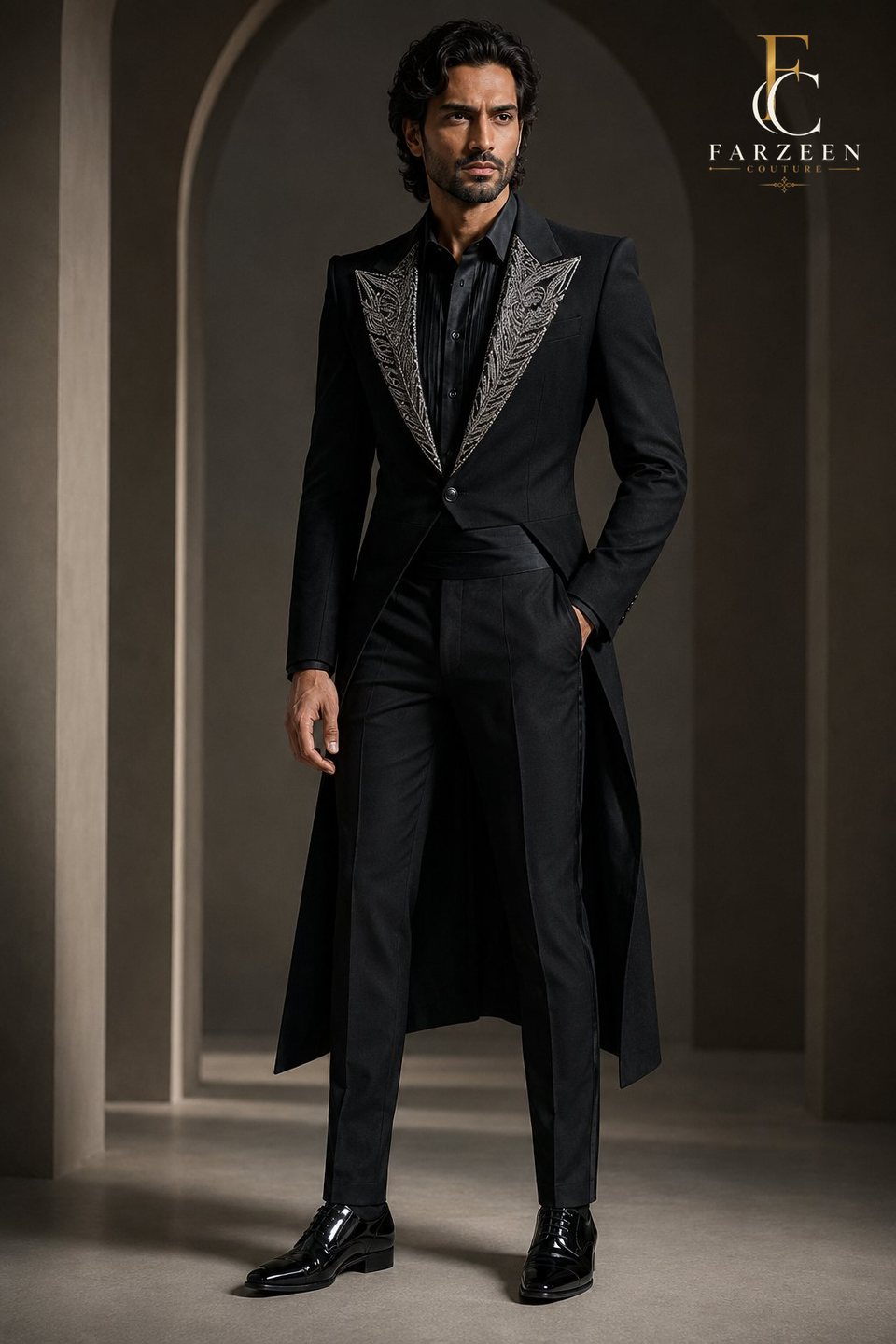 Man in a black tailcoat with silver embroidered lapels
