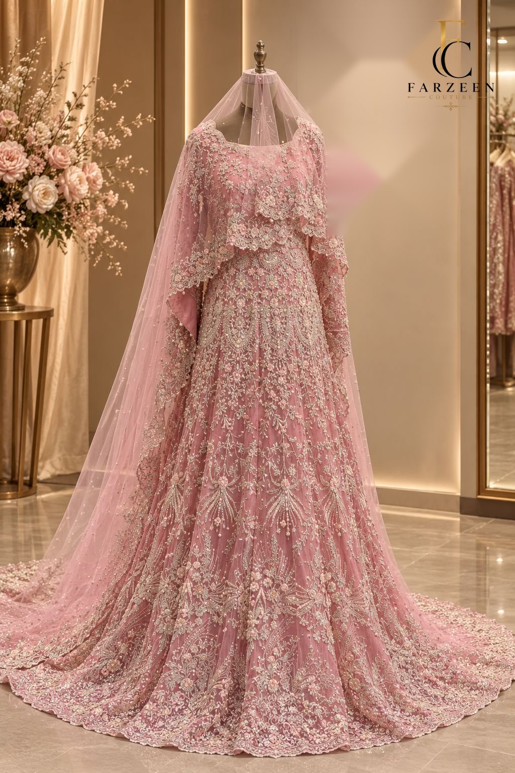 Blush pink embroidered bridal gown with a cape bodice and long veil on a mannequin