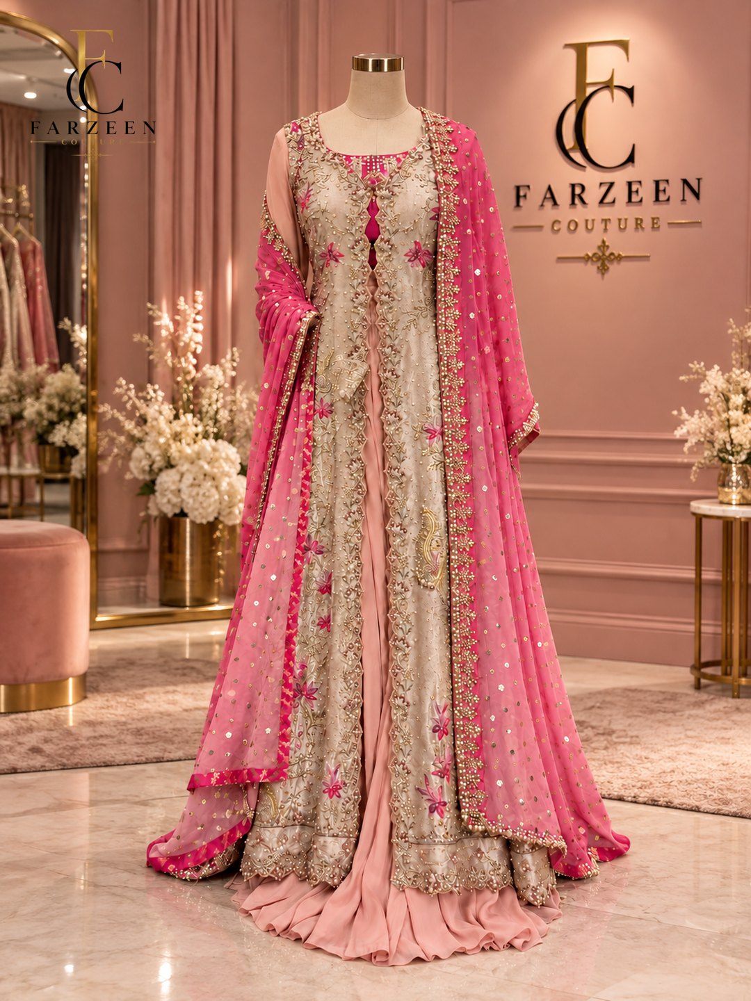 Ivory-gold embroidered jacket over a blush-pink lehenga with a bright pink dupatta at the Farzeen Couture atelier