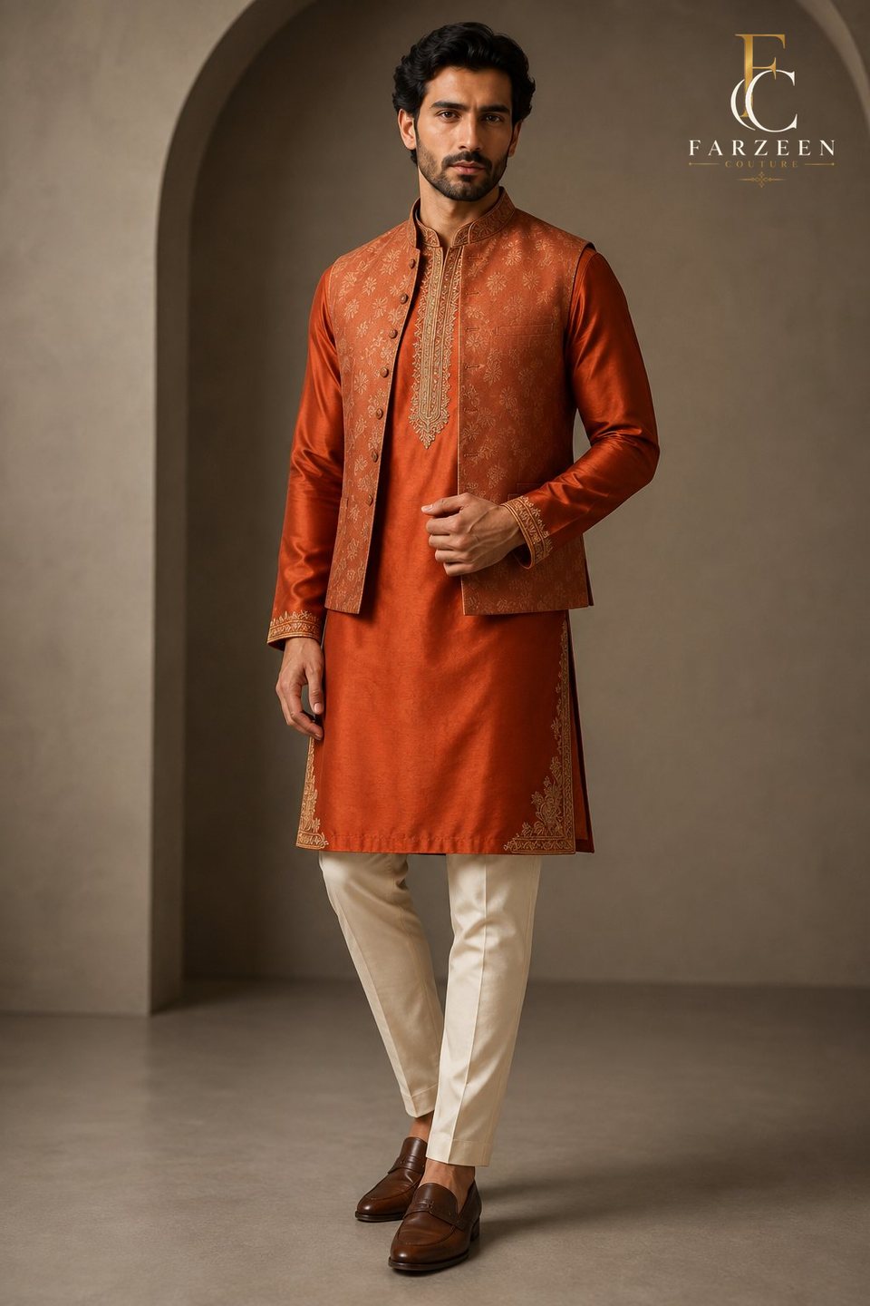 Man in a rust kurta and jacquard waistcoat with antique-gold detail