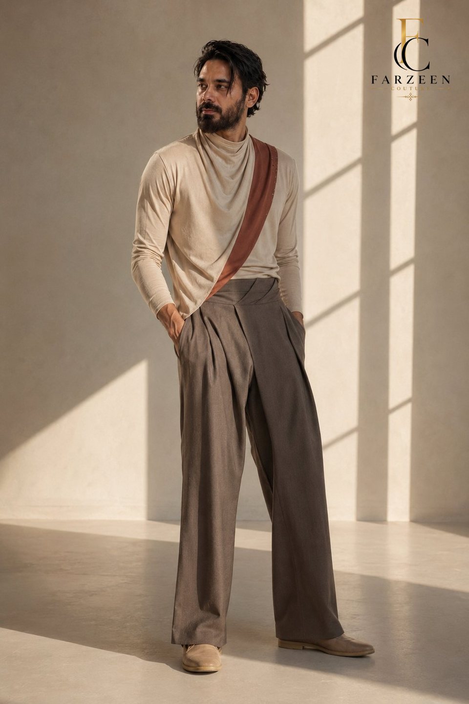 Man in a sand and rust draped top with pleated taupe trousers