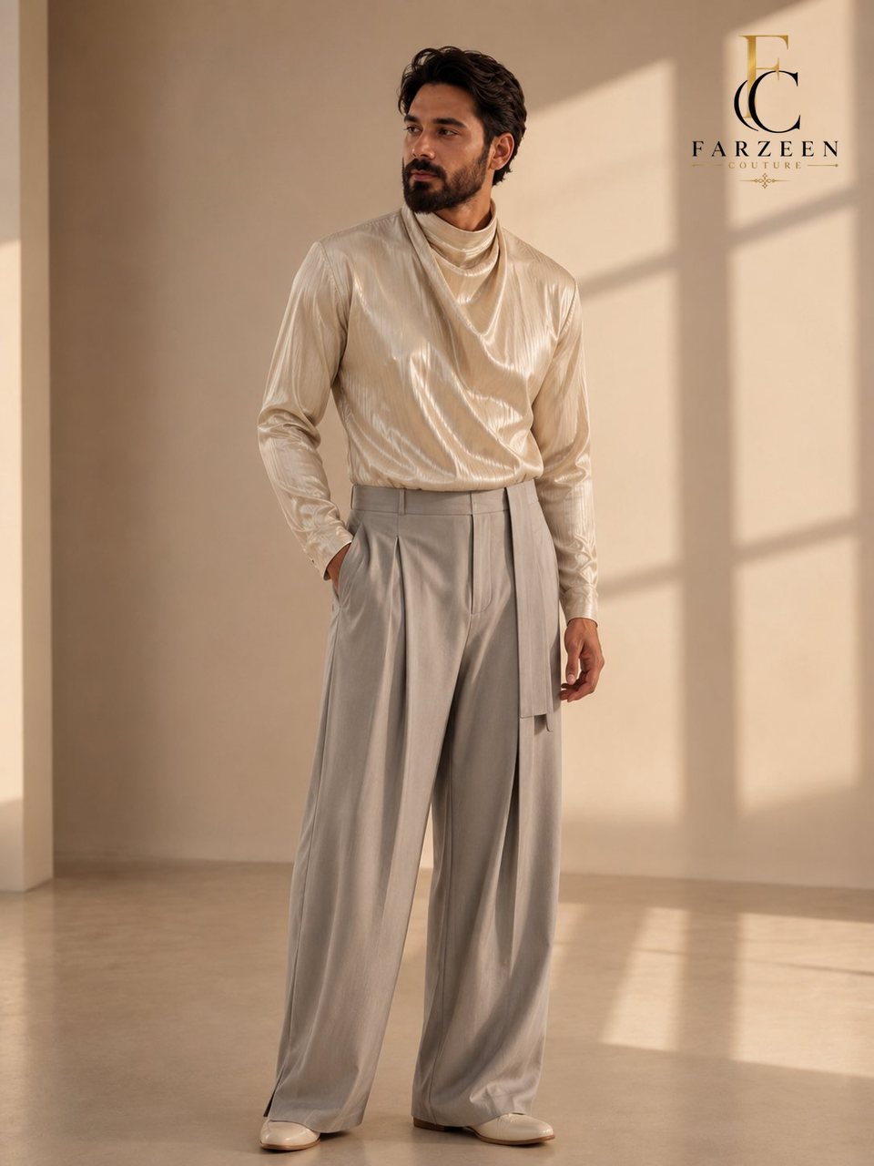Man in a champagne funnel-cowl top and pearl-grey wide trousers