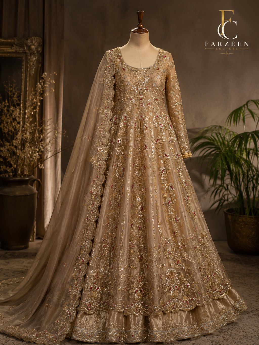 Champagne-gold embellished gown with a long embroidered dupatta on a mannequin in a vintage studio setting