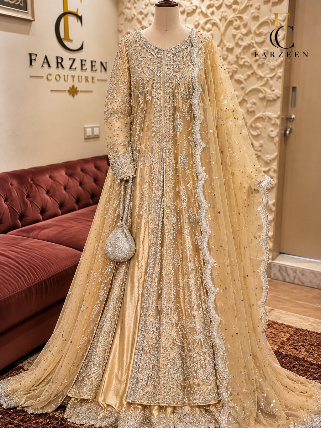 Champagne jacket lehenga with silver embellishment and scalloped sequinned dupatta on a mannequin at the Farzeen Couture atelier