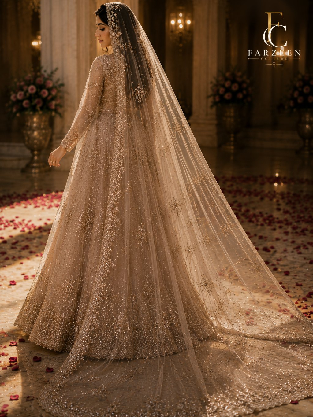 Bride in a champagne embellished gown with a long embroidered veil and train in a candlelit palace hall