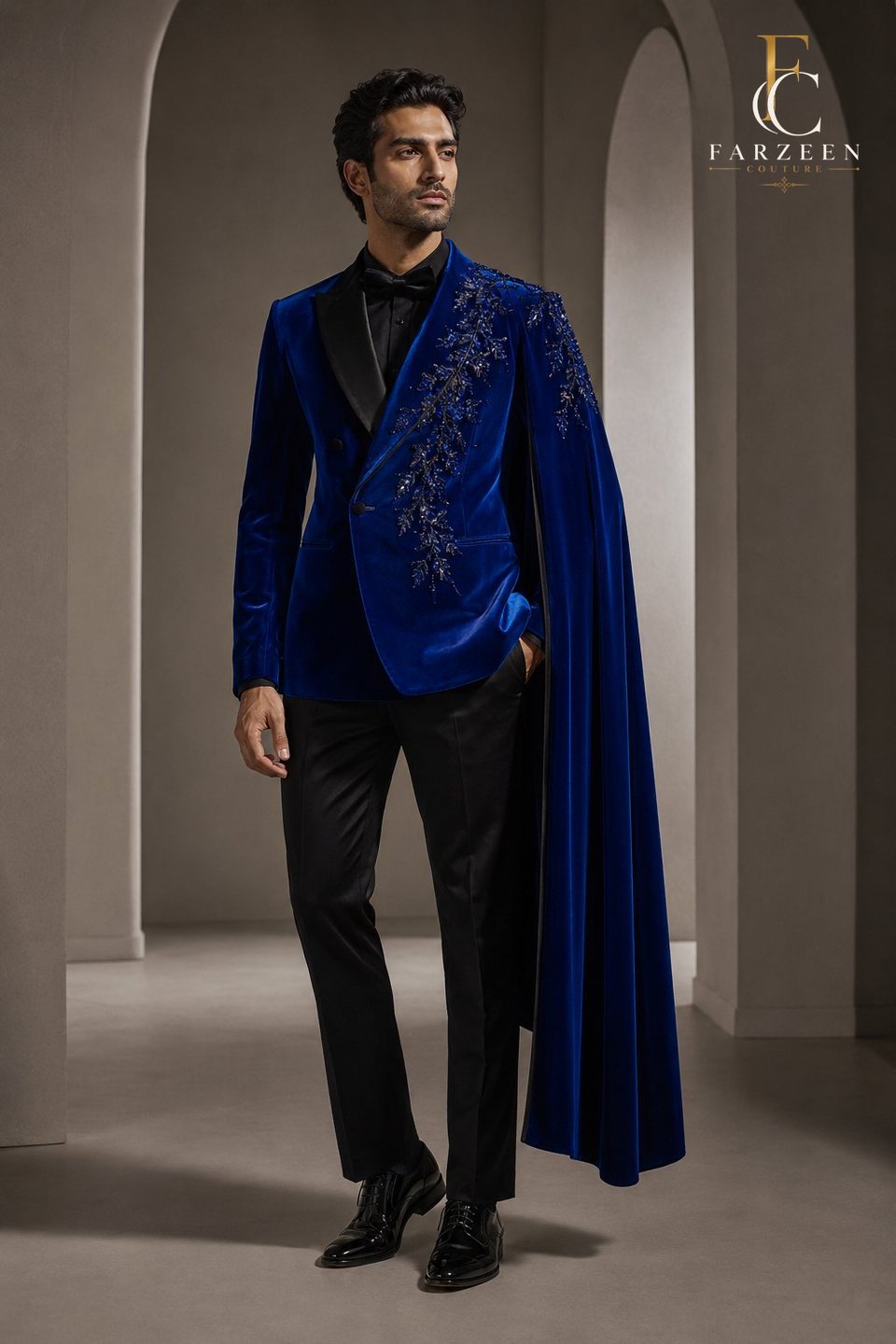 Man in a cobalt velvet tuxedo with a draped cape
