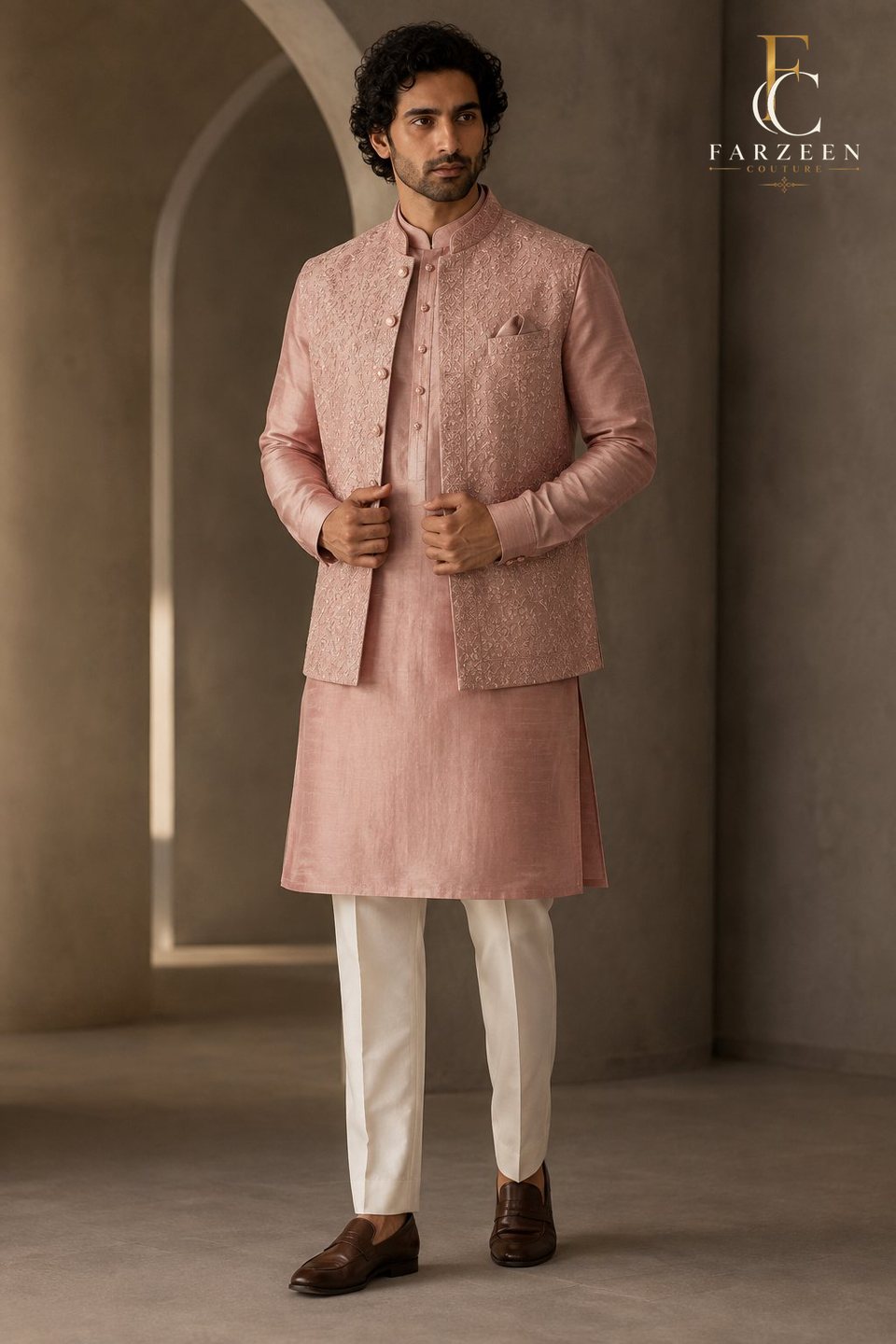 Man in a dusty-rose kurta and Nehru jacket with ivory trousers