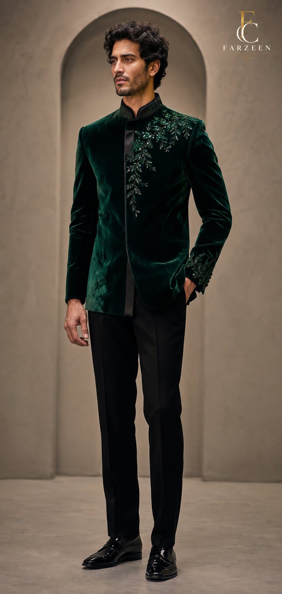 Man in an emerald velvet bandhgala with crystal vine embroidery