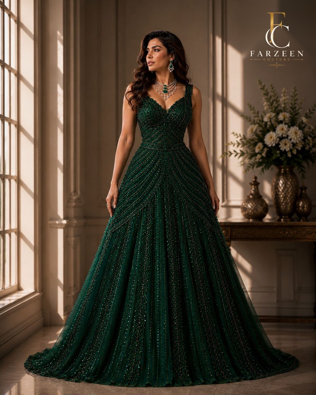 Woman in an emerald sequinned draped gown with a sweetheart neckline