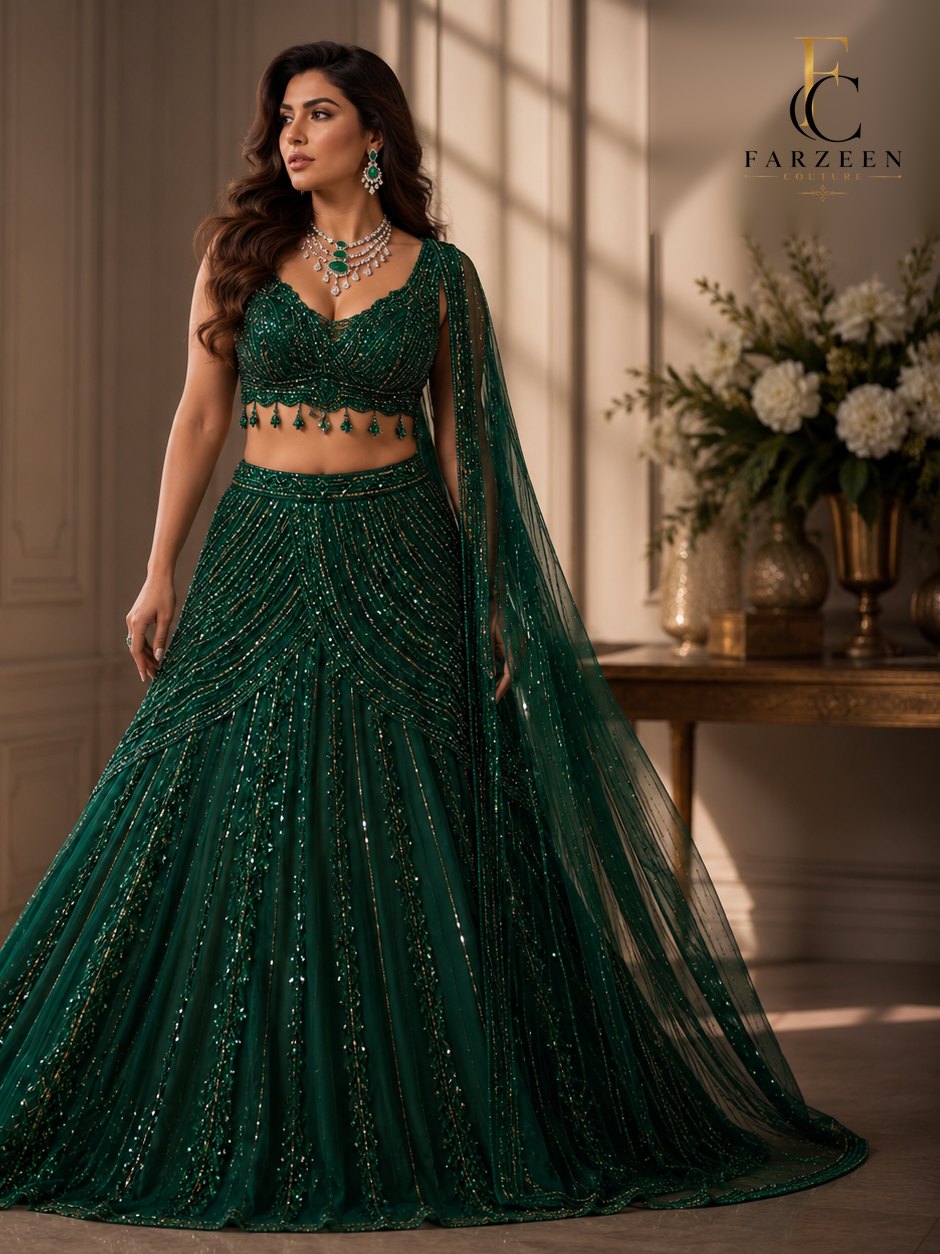 Woman in an emerald sequinned lehenga with a tasselled blouse and sheer cape dupatta by a sunlit window