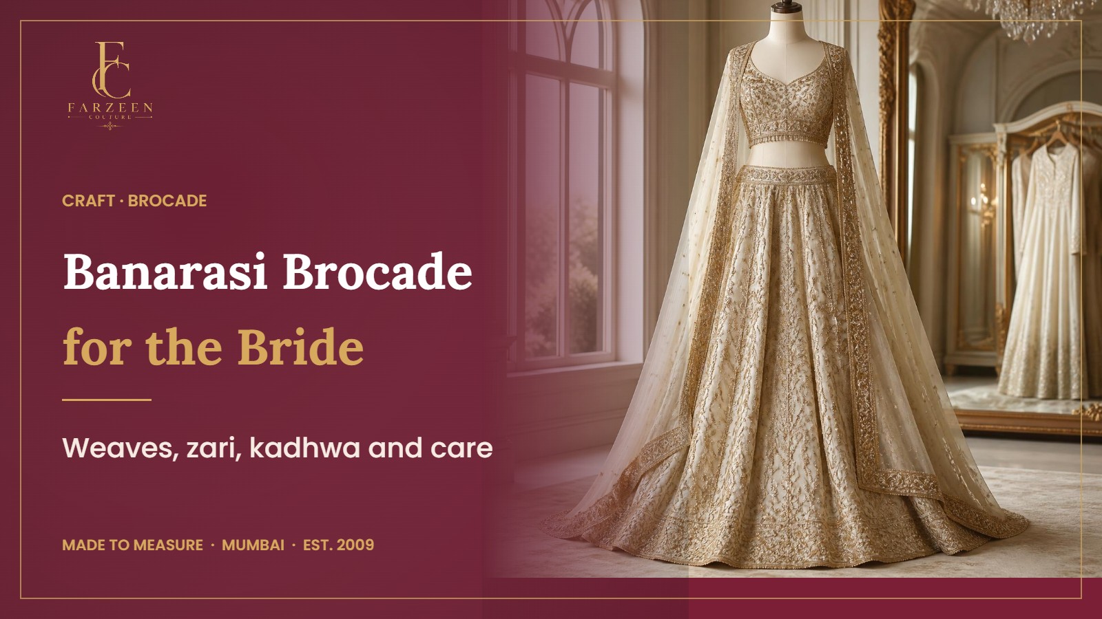 Banarasi Brocade: A Guide for Bridal Couture banner by Farzeen Couture, showing a finished ivory and gold lehenga with a sheer dupatta on a dress form in the atelier