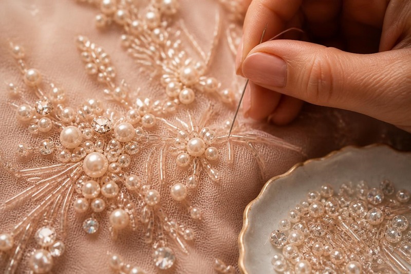 Pearls, bugle beads and crystals being hand-sewn onto blush net fabric