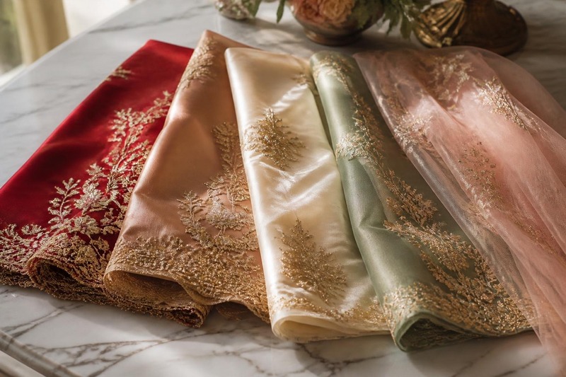 Bridal fabric swatches in red, rose gold, ivory, sage and blush with gold embroidery