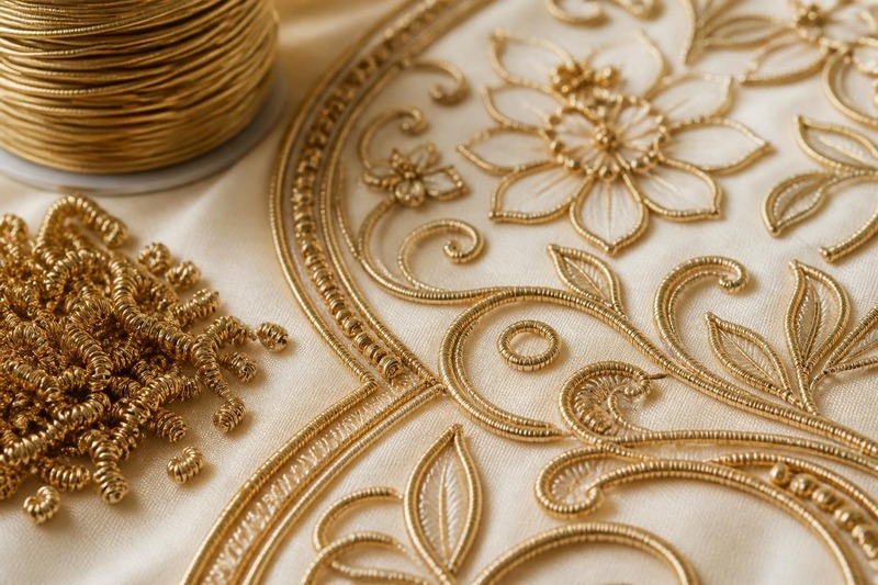 Fine coiled gold dabka thread laid in delicate outlines on ivory silk