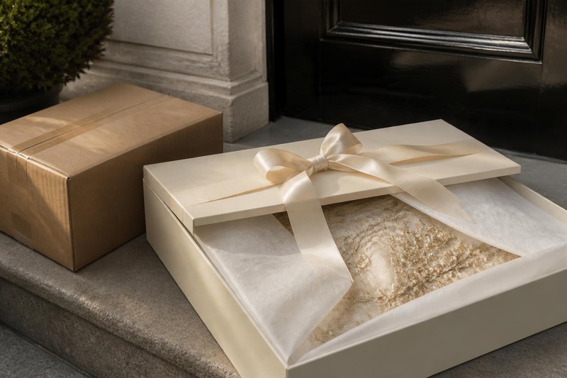 Ribbon-tied couture box with embroidered fabric under tissue, delivered to a doorstep