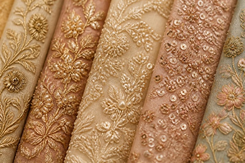 Hand-embroidered silk samples showing zardozi, pearl work, sequins and thread embroidery
