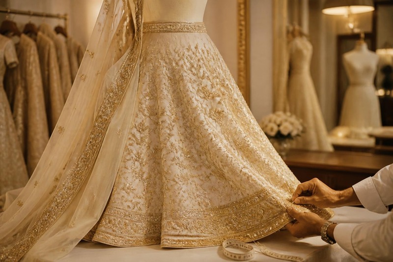 Tailor pinning the hem of an embroidered ivory and gold lehenga on a dress form