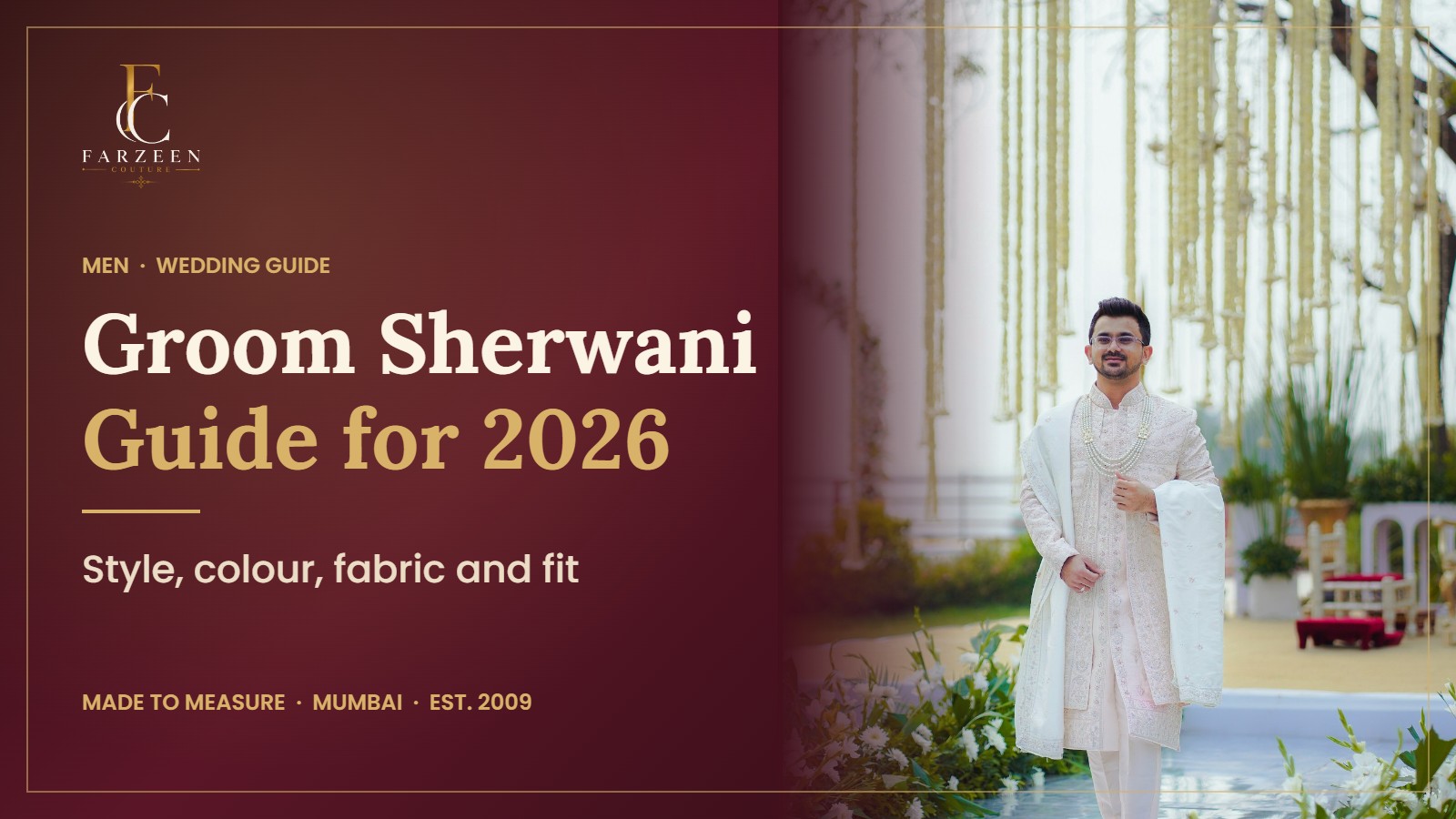 Groom Sherwani Guide banner showing a groom in an ivory embroidered sherwani at a floral wedding venue