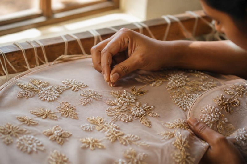 Artisan hands embroidering gold flowers and pearls on blush silk stretched on a frame