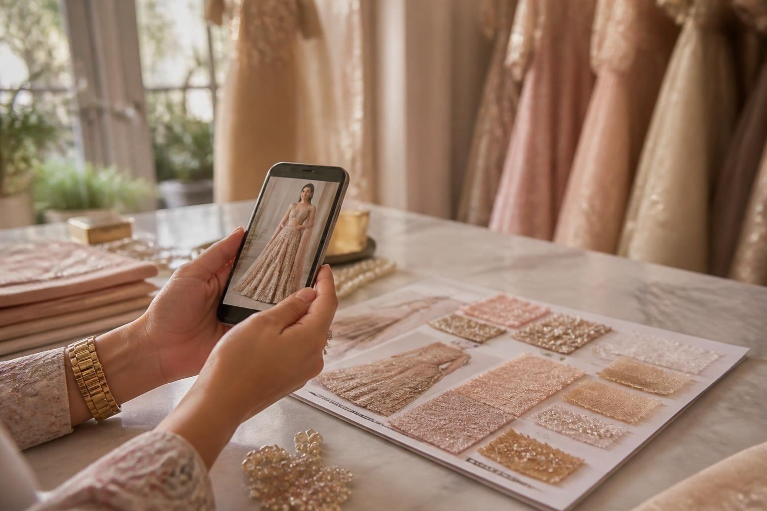Hands holding a phone with an inspiration photo beside fabric swatches and pearls