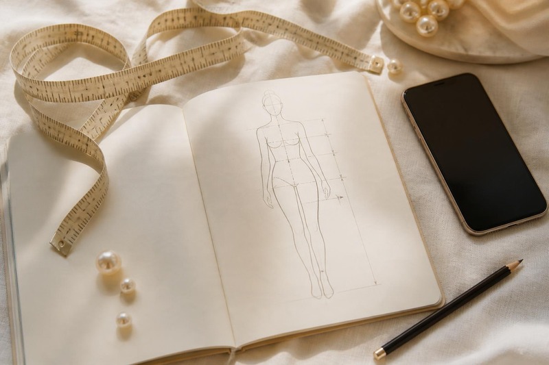 Tailor measuring tape, notebook with a measurement sketch and a phone on ivory linen
