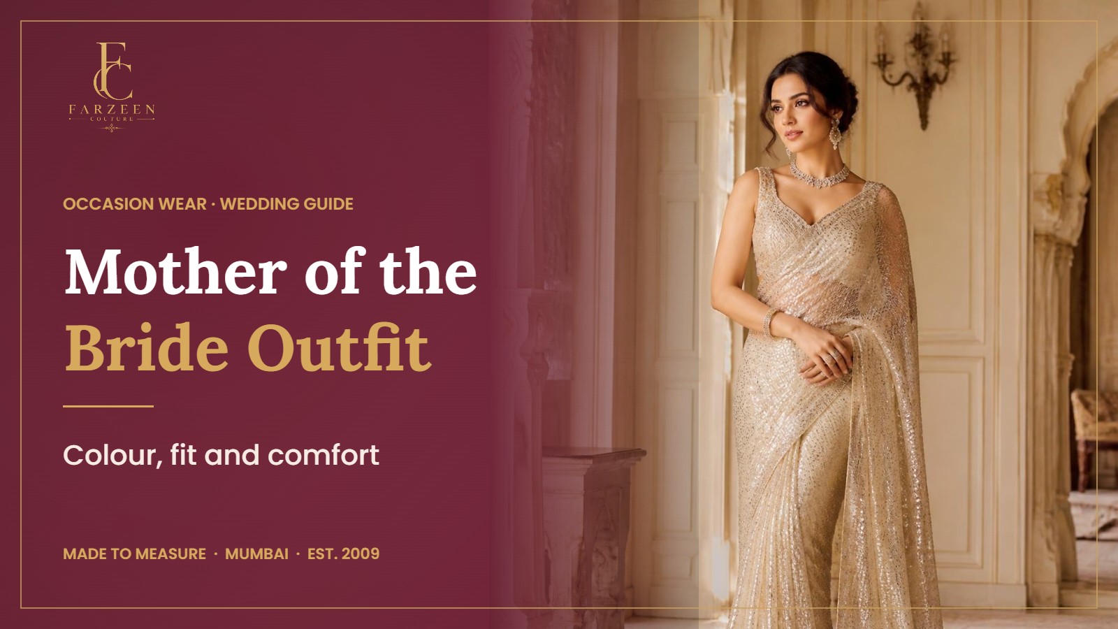 Mother of the Bride Outfit: An Indian Wedding Guide banner by Farzeen Couture, showing a woman in a champagne hand-embellished draped saree in a palace interior