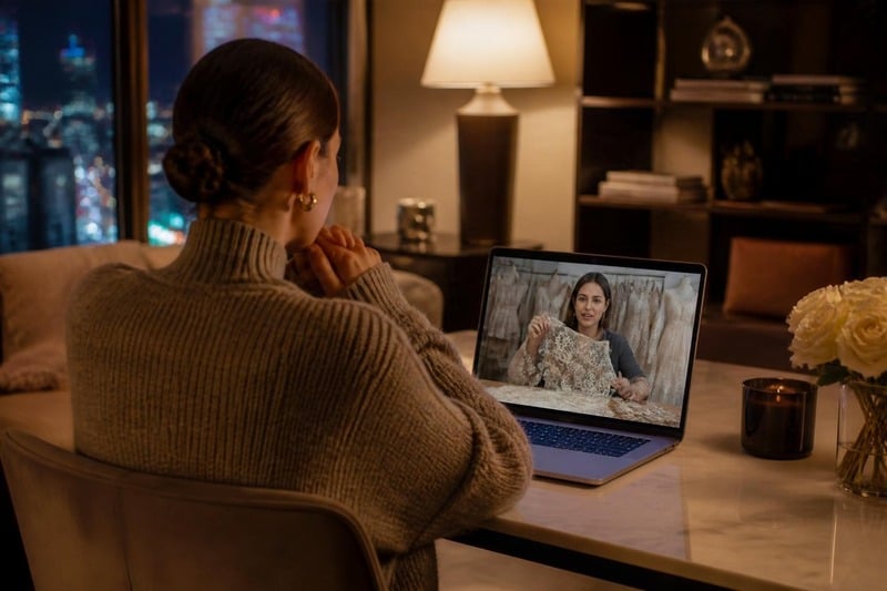 Woman at home on a video call with a designer showing embroidered fabric swatches
