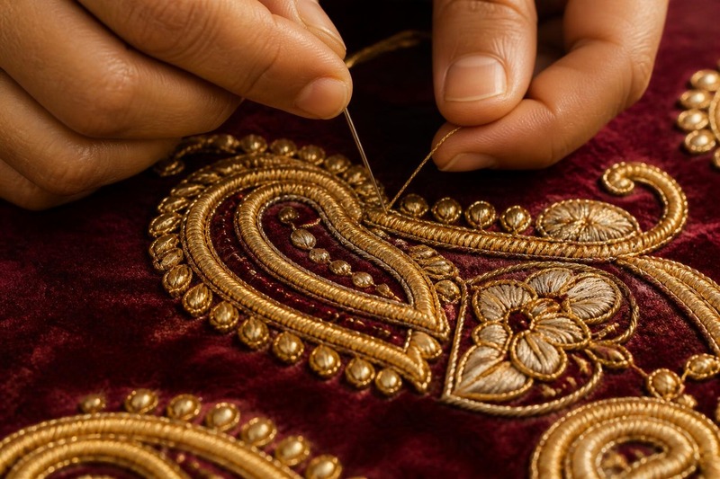 Hands stitching raised gold zardozi thread into a paisley motif on maroon velvet