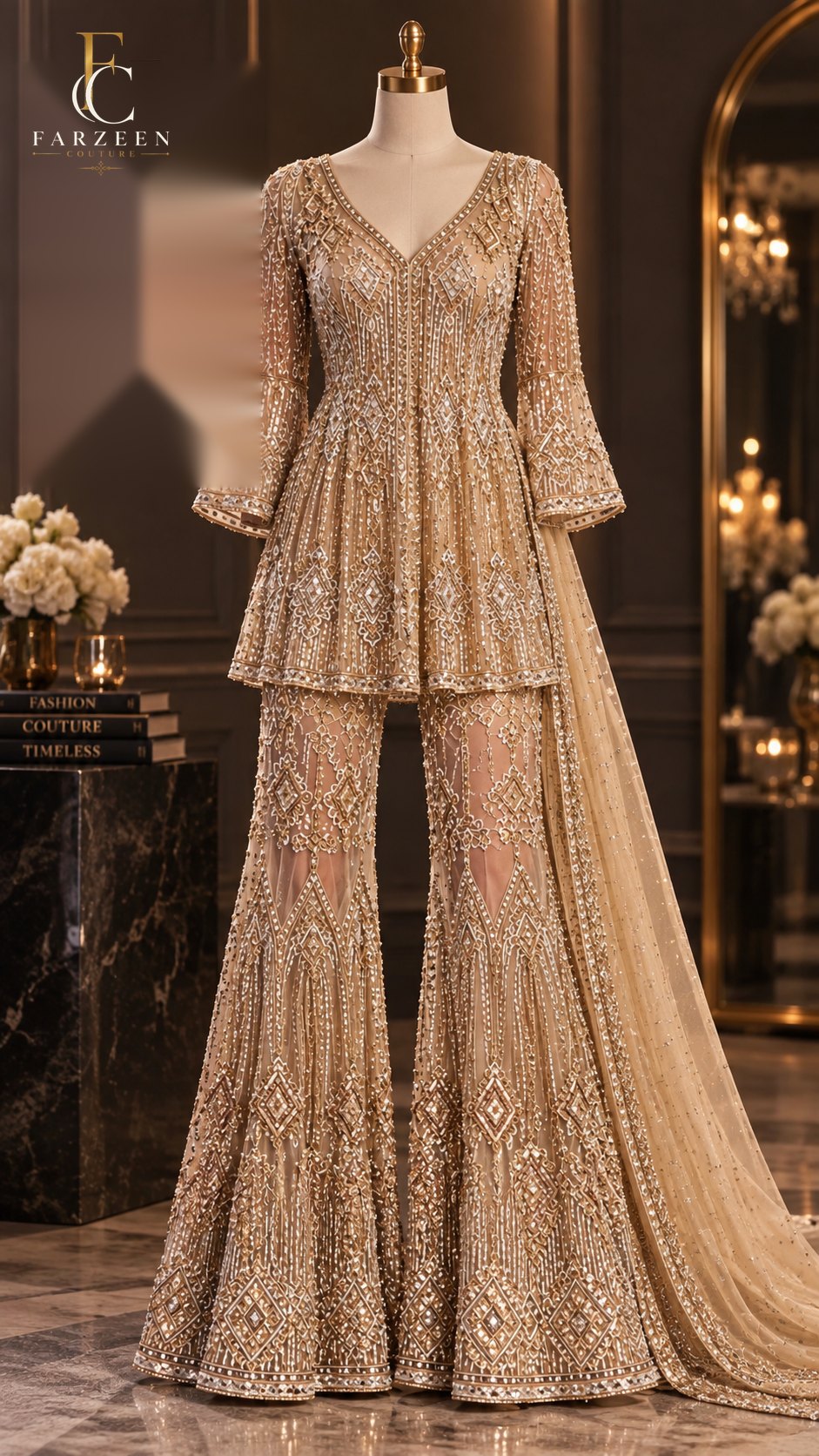 Gold peplum kurta and sharara with geometric embellishment and a sheer dupatta on a mannequin