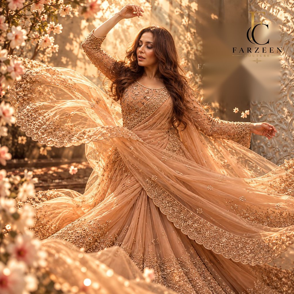 Woman twirling in a flowing peach-gold embroidered gown among blossoms