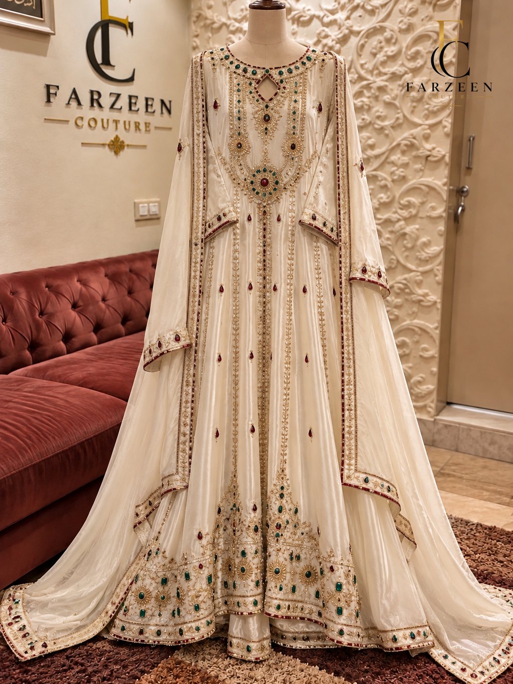 Ivory anarkali with gold work and ruby and emerald stones, with matching dupatta, on a mannequin at the Farzeen Couture atelier