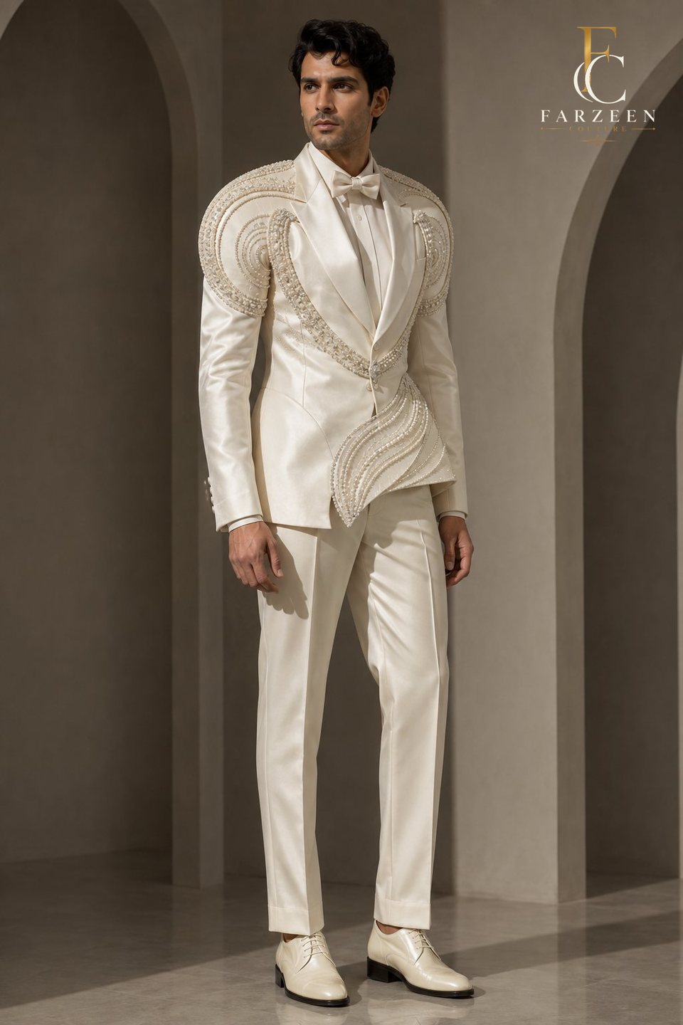 Man in an ivory sculptural tuxedo with curved pearl detailing