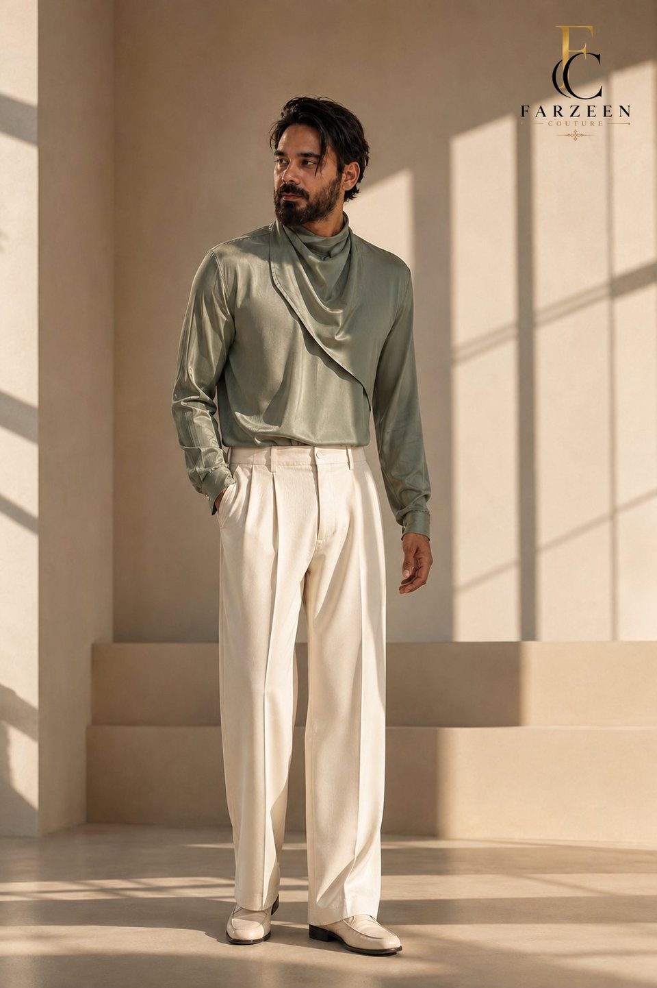 Man in a laurel silk scarf-collar top and ivory pleated trousers