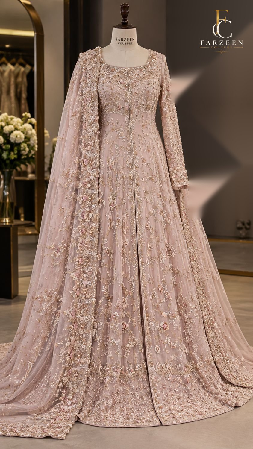 Lilac pearl-embroidered jacket anarkali with a floral-bordered dupatta on a mannequin