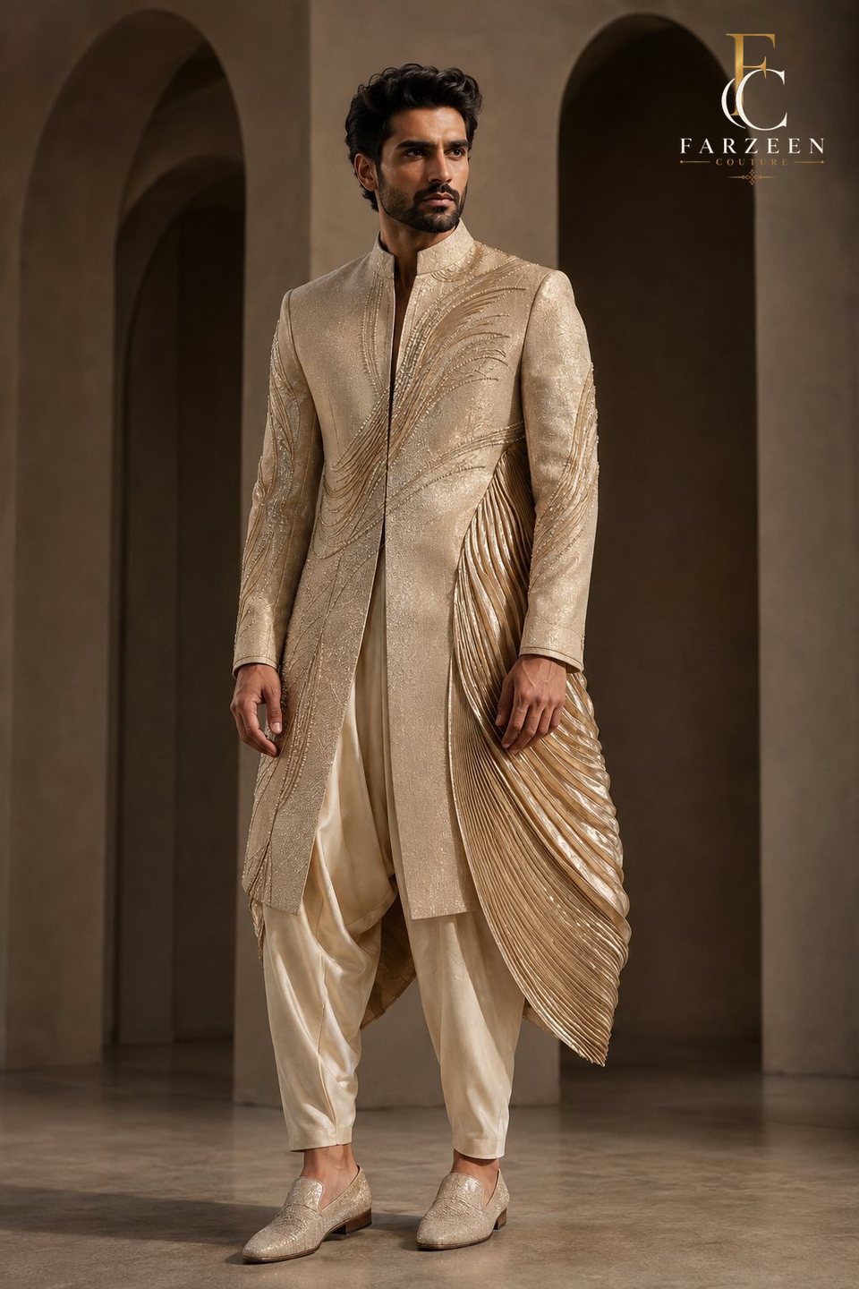 Man in a champagne tissue longline with pleated metallic drape