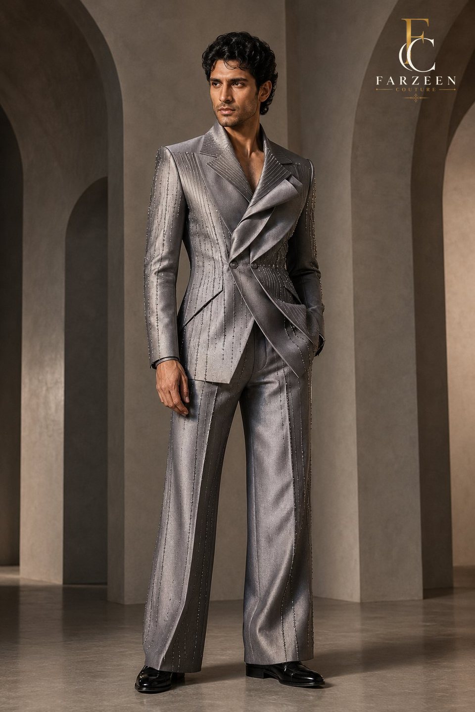 Man in a silver-grey metallic double-breasted suit with wide trousers