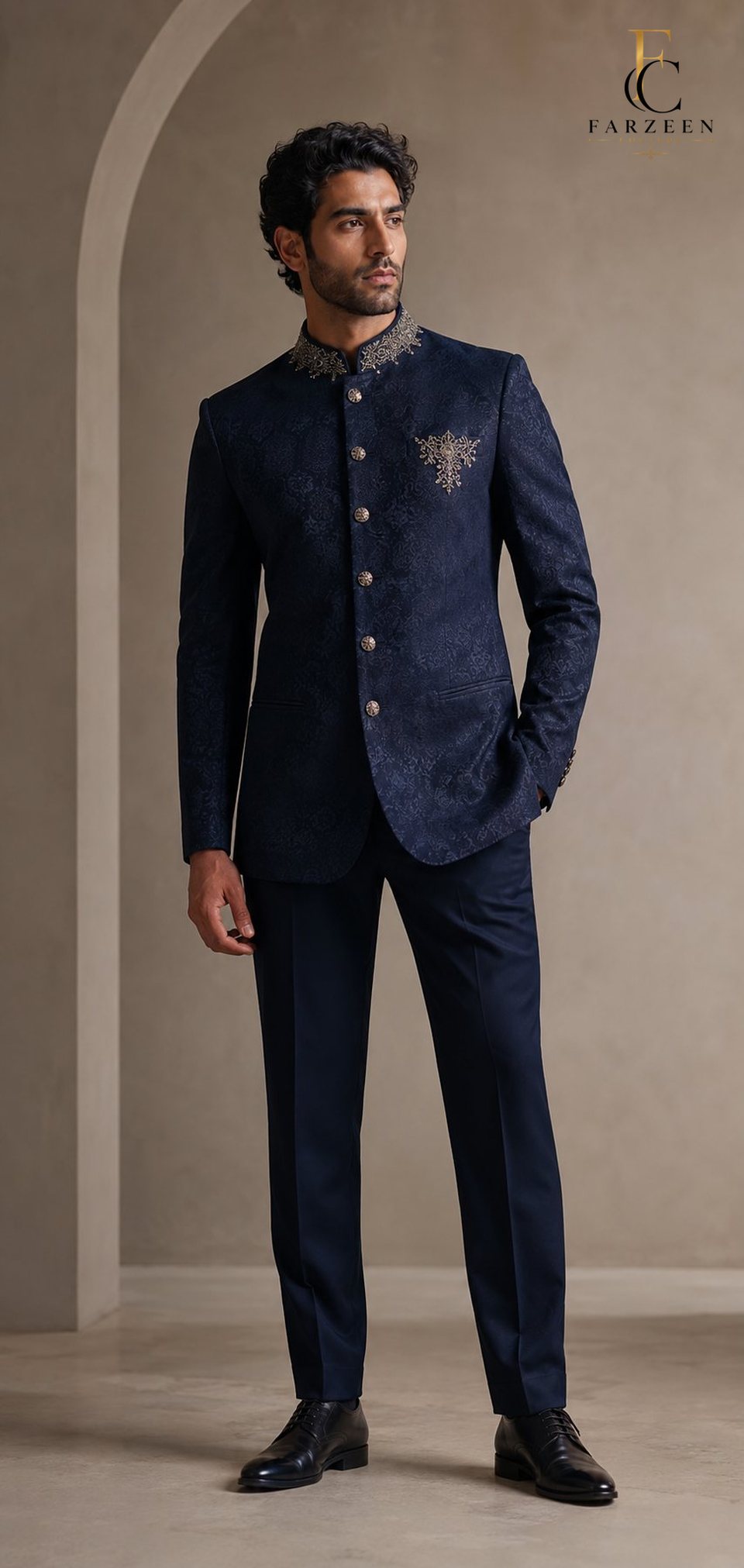 Man in a navy jacquard Jodhpuri suit with silver collar and pocket embroidery