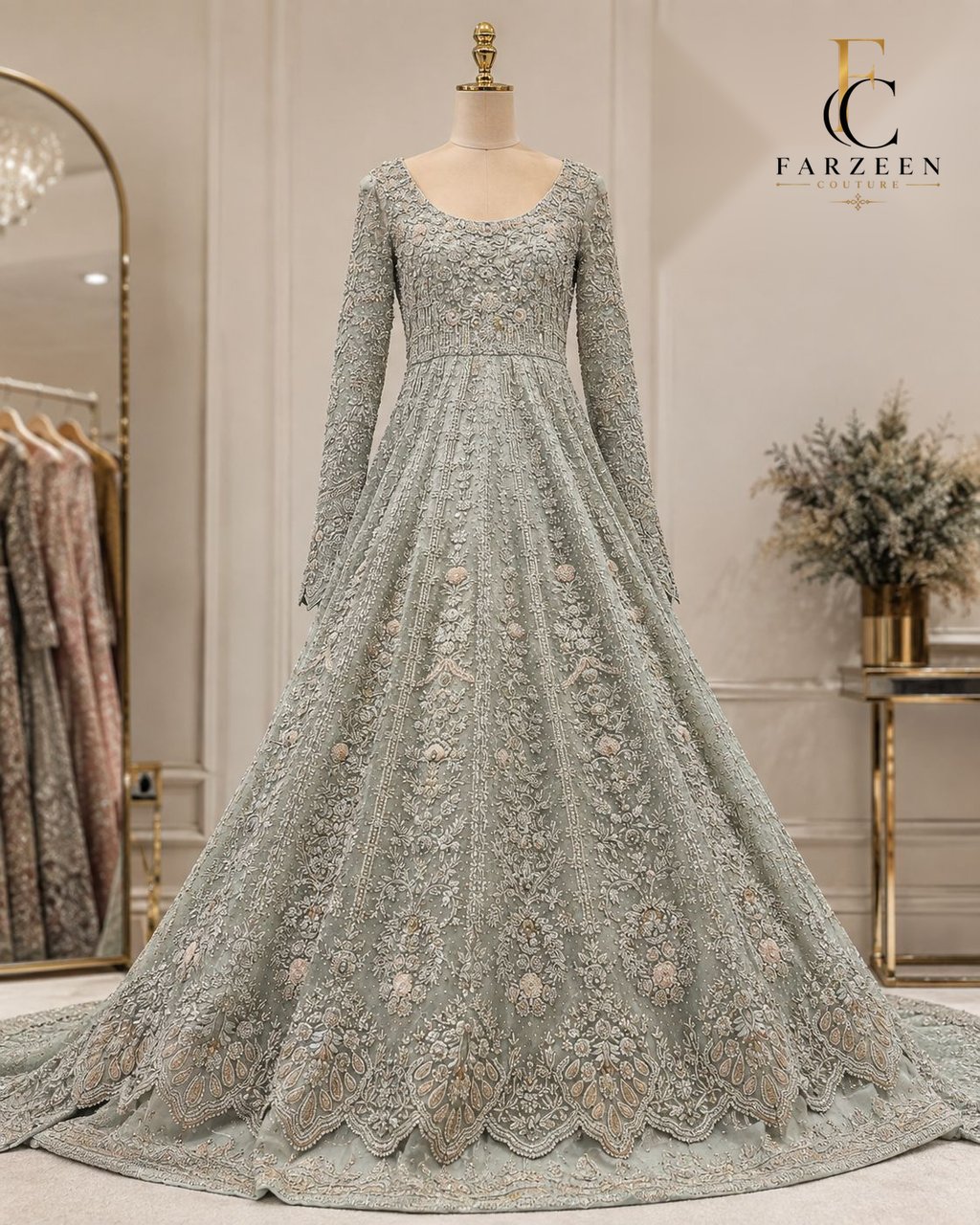 Mint-grey pearl-embroidered bridal gown with a long train on a mannequin