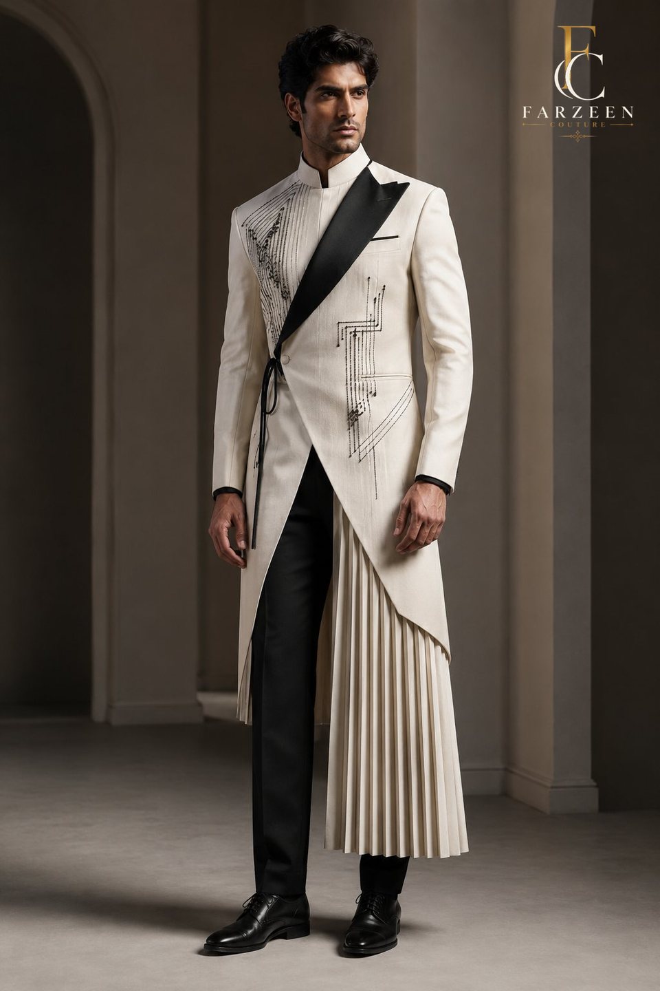 Man in an ivory and black tuxedo-sherwani hybrid with pleated panel