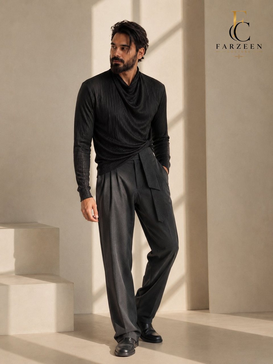 Man in a black pleated waterfall top and charcoal trousers