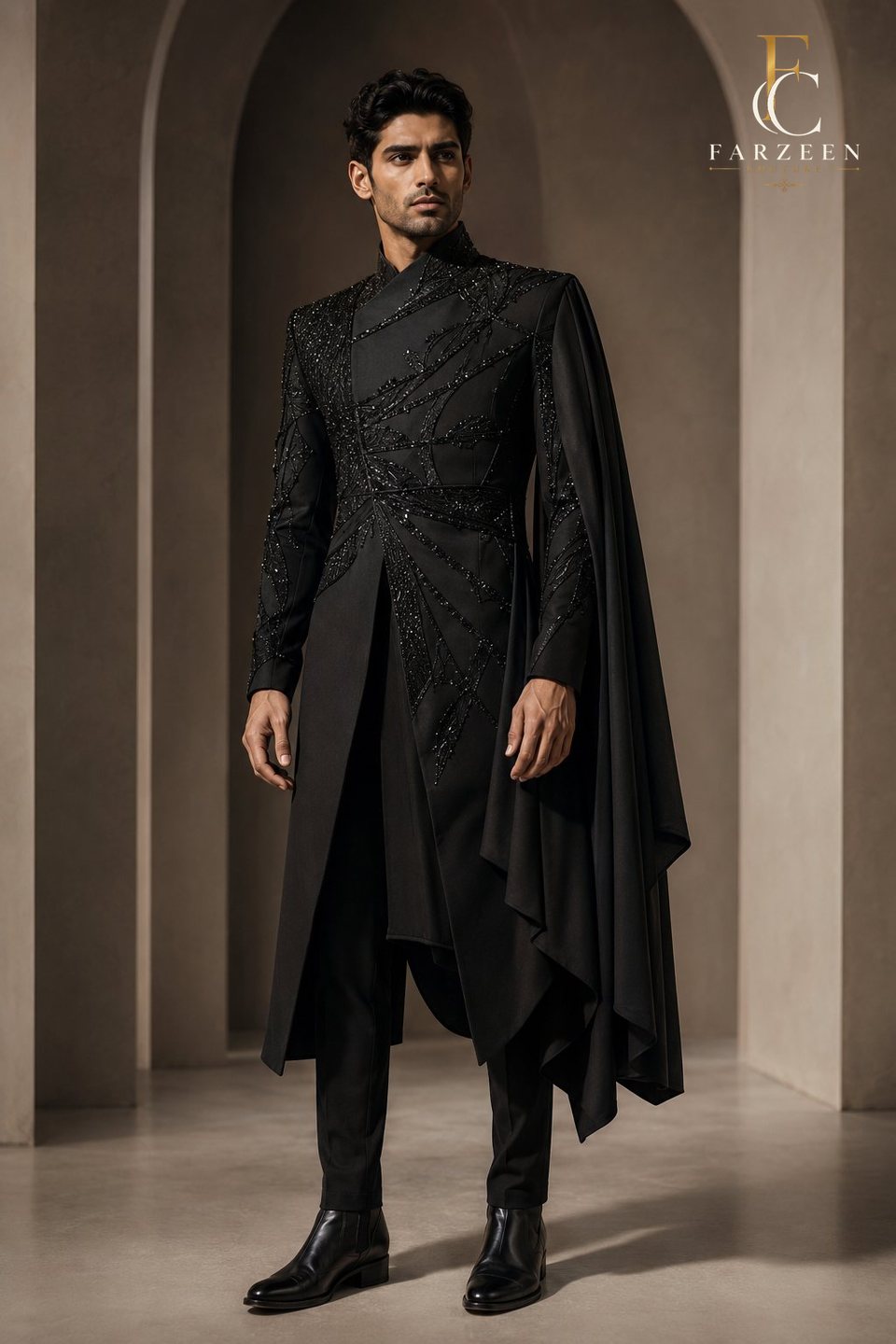 Man in a matte black cape-coat with black crystal embroidery
